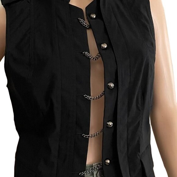 Oh Yes Black Sleeveless Chain Metallic Button Vest Womens L with Rhinestones - Picture 3 of 12